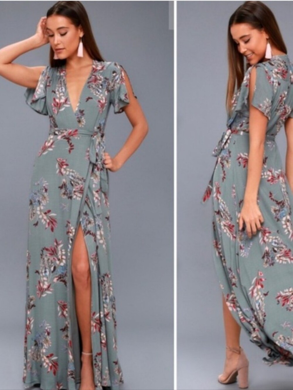 Lulus Fiorie Slate Blue. Maxi Wrap Dress- Medium